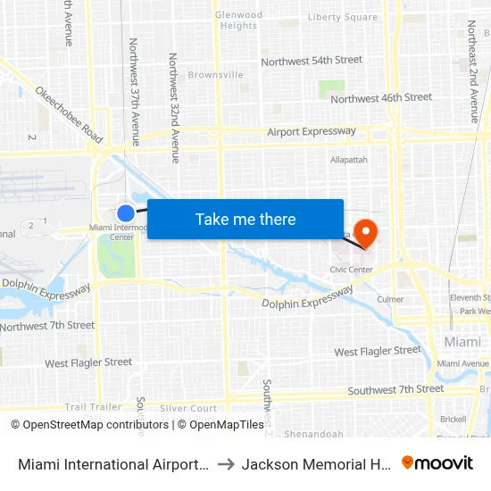Miami International Airport Station to Jackson Memorial Hospital map