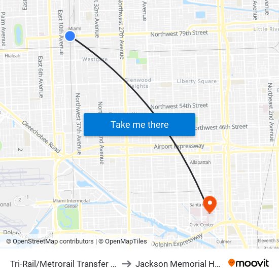 Tri-Rail/Metrorail Transfer Station to Jackson Memorial Hospital map