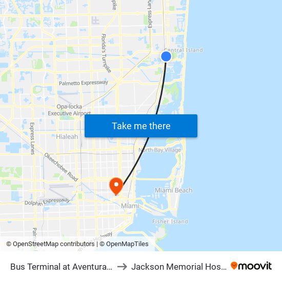 Bus Terminal at Aventura Mall to Jackson Memorial Hospital map