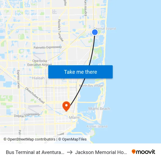 Bus Terminal at Aventura Mall to Jackson Memorial Hospital map