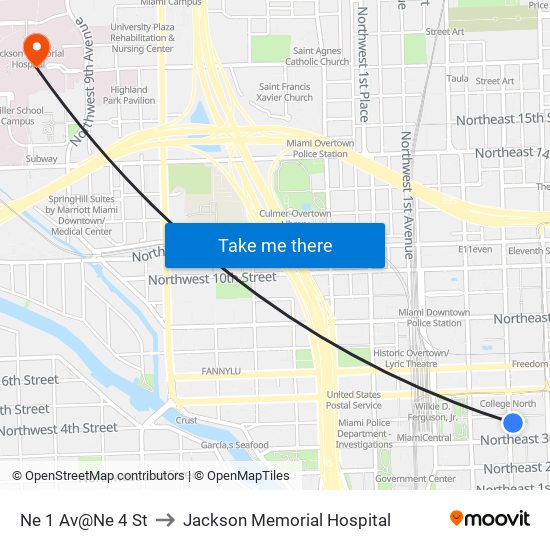 Ne 1 Av@Ne 4 St to Jackson Memorial Hospital map