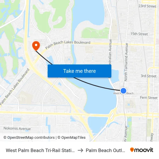 West Palm Beach Tri-Rail Station to Palm Beach Outlets map