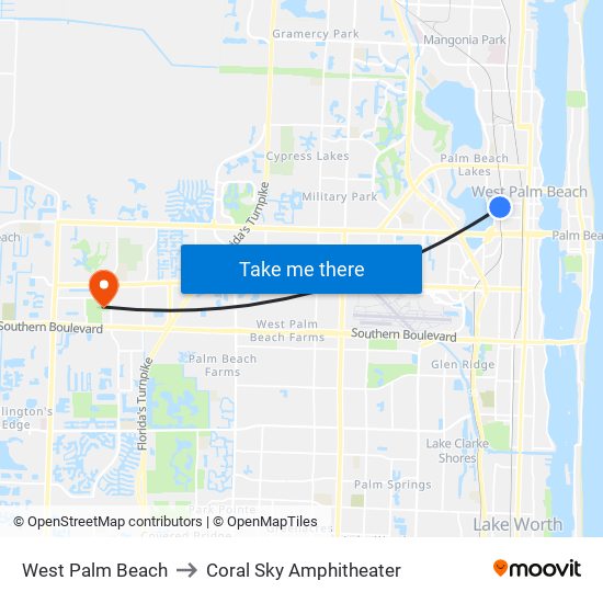 West Palm Beach to Coral Sky Amphitheater map