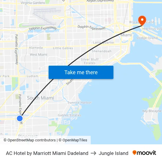 AC Hotel by Marriott Miami Dadeland to Jungle Island map