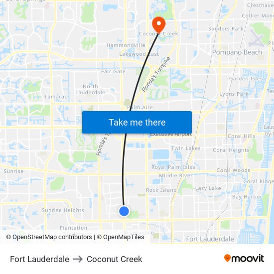 Fort Lauderdale to Coconut Creek map
