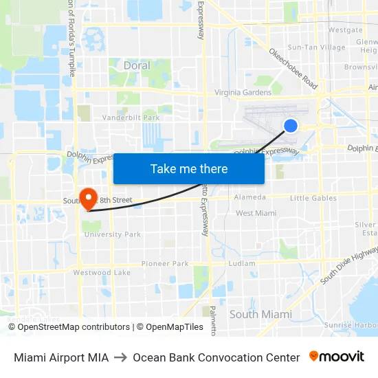 Miami Airport MIA to Ocean Bank Convocation Center map