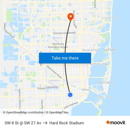 SW 8 St @ SW 27 Av to Hard Rock Stadium map