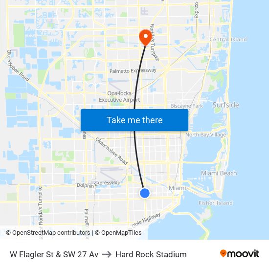 W Flagler St & SW 27 Av to Hard Rock Stadium map