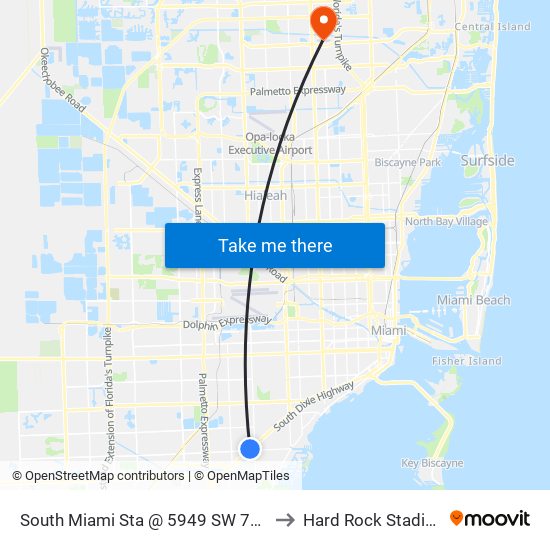 South Miami Sta @ 5949 SW 72 St to Hard Rock Stadium map