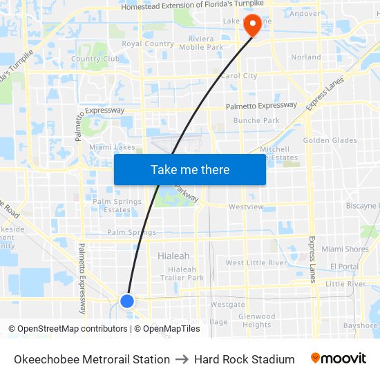 Okeechobee Metrorail Station to Hard Rock Stadium map