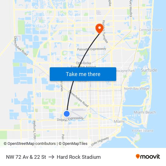 NW 72 Av & 22 St to Hard Rock Stadium map