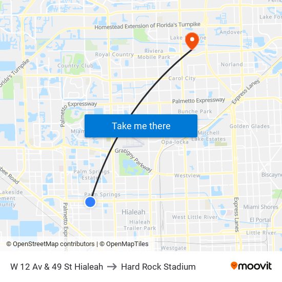 W 12 Av & 49 St Hialeah to Hard Rock Stadium map