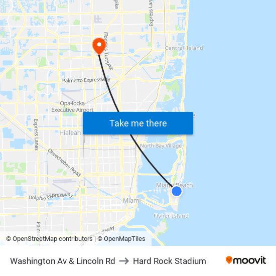 Washington Av & Lincoln Rd to Hard Rock Stadium map