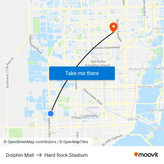 Dolphin Mall to Hard Rock Stadium map