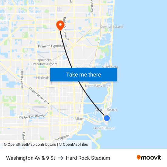 Washington Av & 9 St to Hard Rock Stadium map