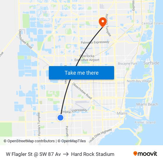 W Flagler St @ SW 87 Av to Hard Rock Stadium map