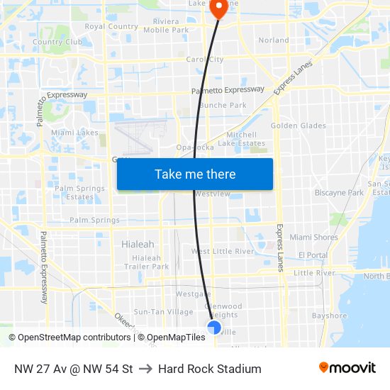 NW 27 Av @ NW 54 St to Hard Rock Stadium map