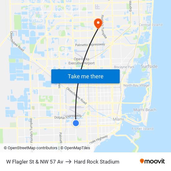 W Flagler St & NW 57 Av to Hard Rock Stadium map