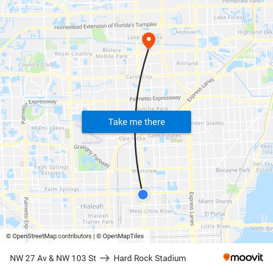 NW 27 Av & NW 103 St to Hard Rock Stadium map