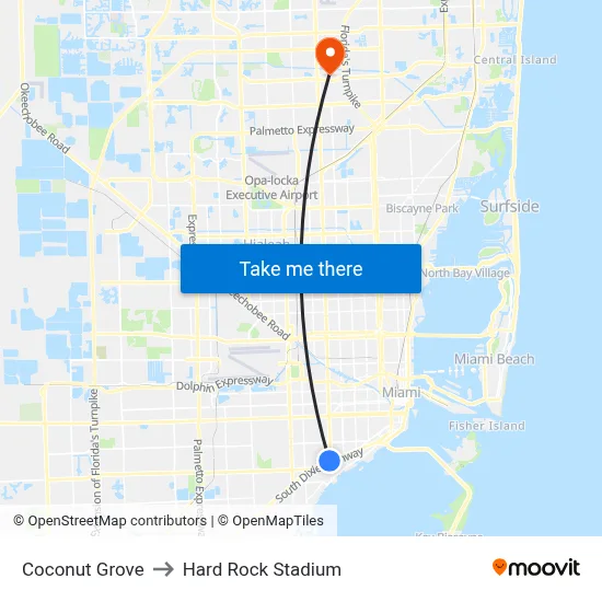 Coconut Grove to Hard Rock Stadium map