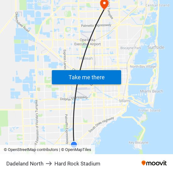 Dadeland North to Hard Rock Stadium map