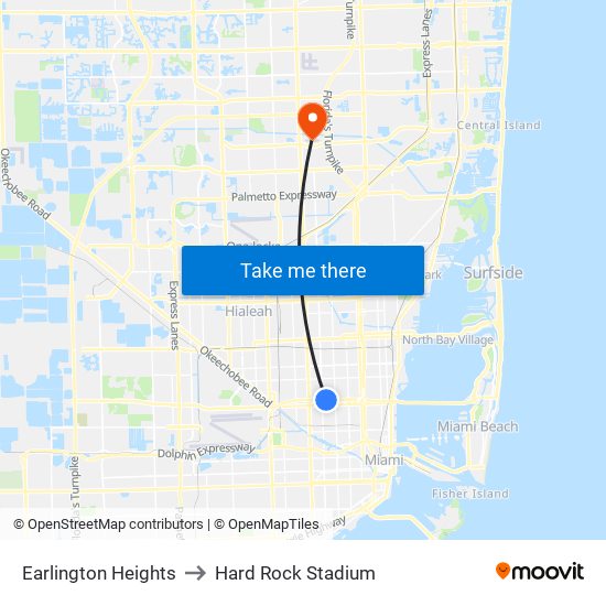 Earlington Heights to Hard Rock Stadium map