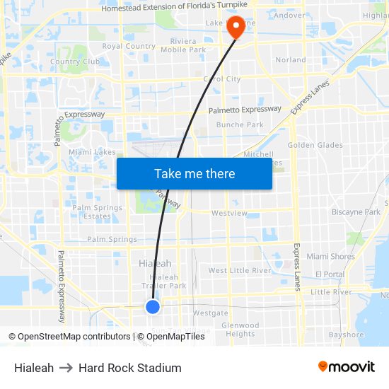 Hialeah to Hard Rock Stadium map