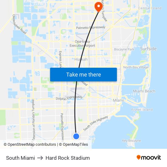 South Miami to Hard Rock Stadium map