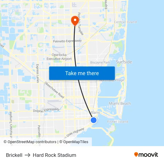 Brickell to Hard Rock Stadium map