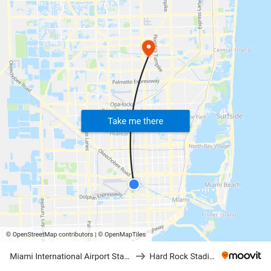 Miami International Airport Station to Hard Rock Stadium map