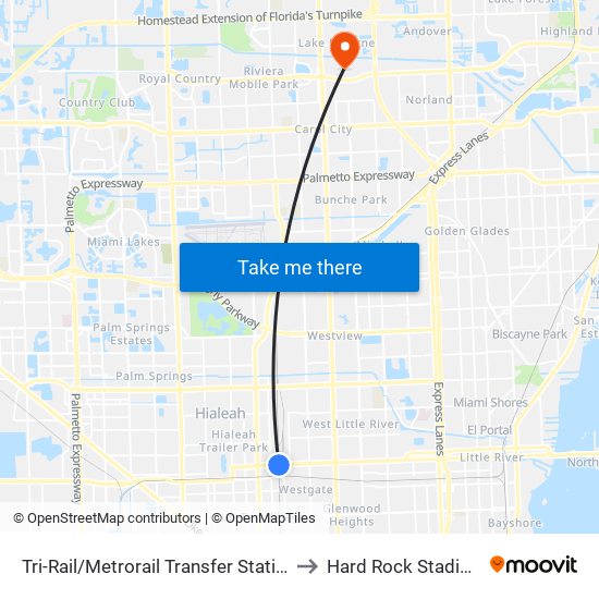 Tri-Rail/Metrorail Transfer Station to Hard Rock Stadium map