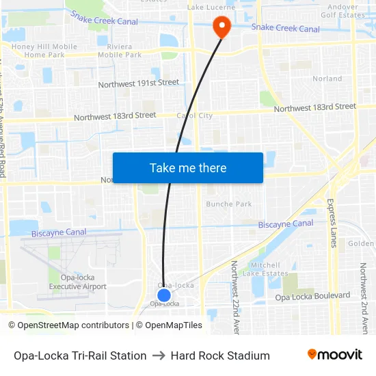 Opa-Locka Tri-Rail Station to Hard Rock Stadium map