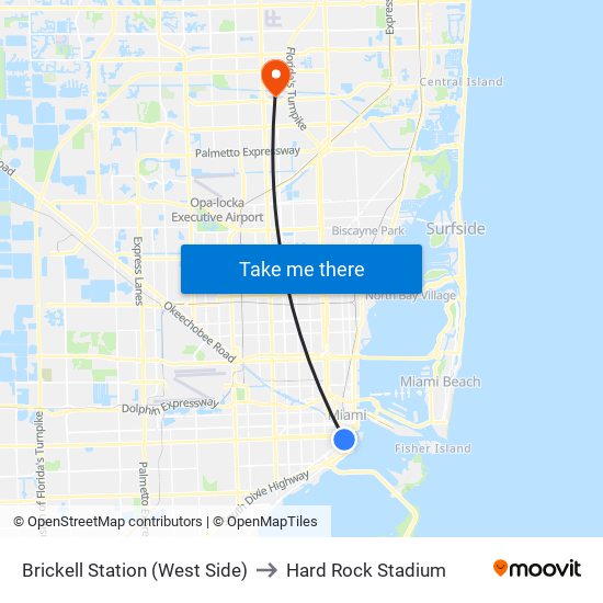 Brickell Station (West Side) to Hard Rock Stadium map