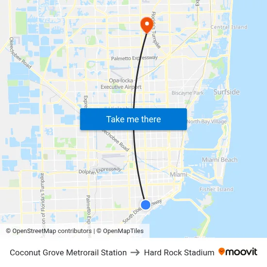 Coconut Grove Metrorail Station to Hard Rock Stadium map