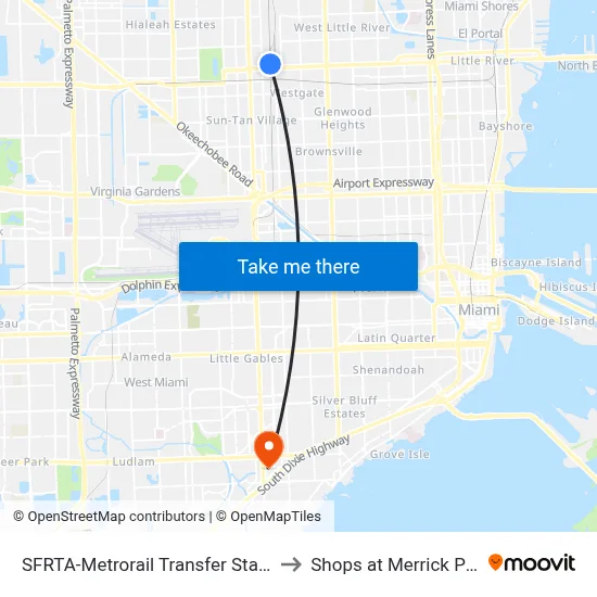 SFRTA-Metrorail Transfer Station to Shops at Merrick Park map