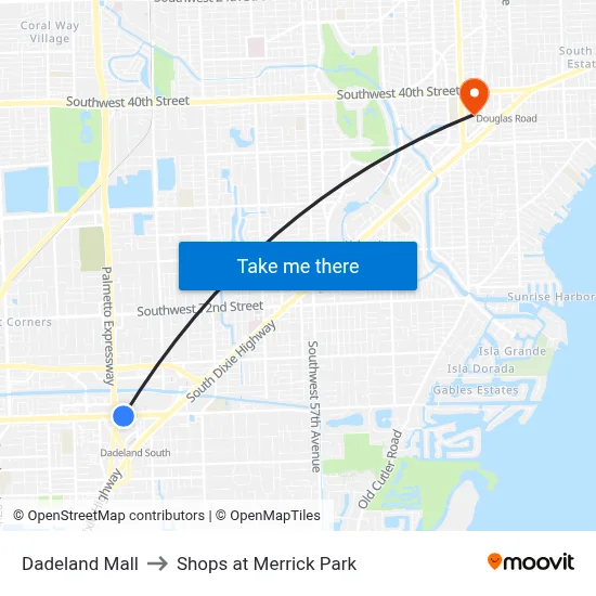 Dadeland Mall to Shops at Merrick Park map