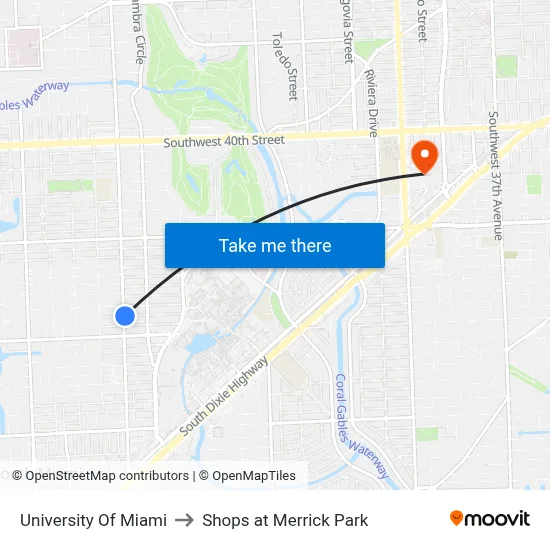 University Of Miami to Shops at Merrick Park map