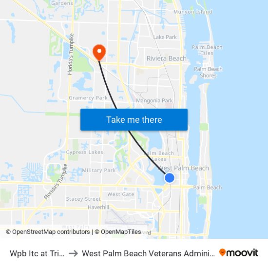 Wpb Itc at Tri Rail to West Palm Beach Veterans Administration map