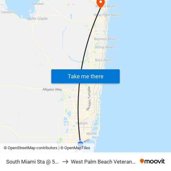 South Miami Sta @ 5949 SW 72 St to West Palm Beach Veterans Administration map