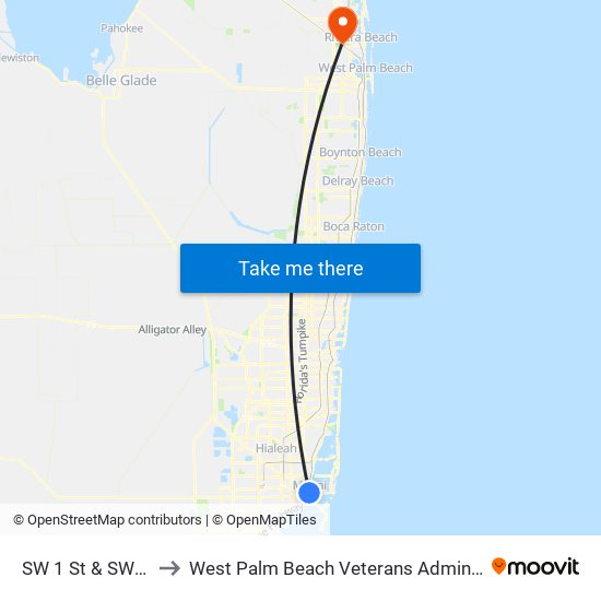 SW 1 St & SW 1 Av to West Palm Beach Veterans Administration map