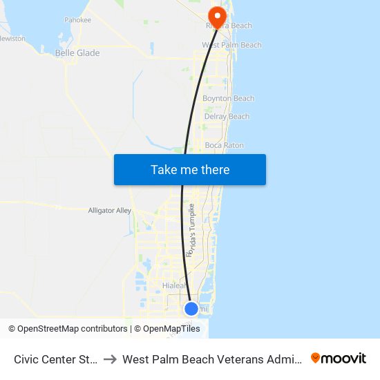 Civic Center Station to West Palm Beach Veterans Administration map