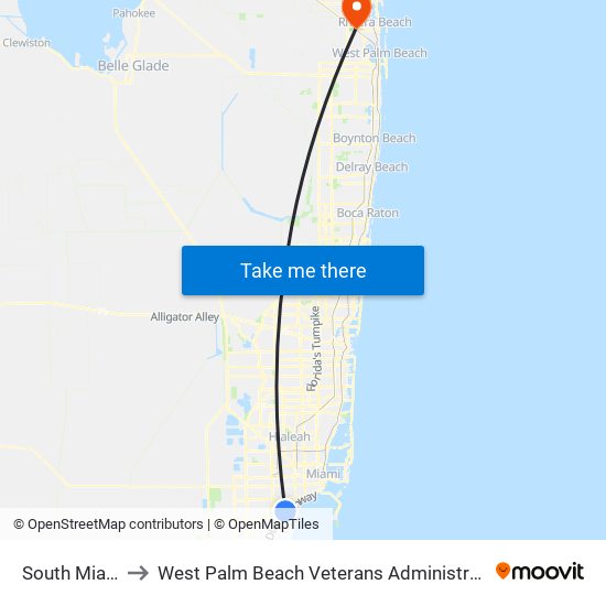 South Miami to West Palm Beach Veterans Administration map
