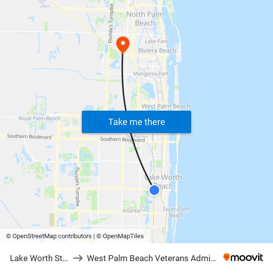 Lake Worth Beach Station to West Palm Beach Veterans Administration map