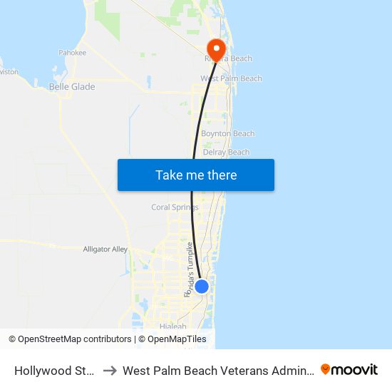 Hollywood Station to West Palm Beach Veterans Administration map