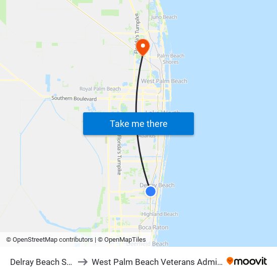 Delray Beach Station to West Palm Beach Veterans Administration map