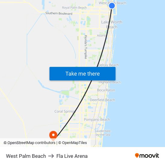 West Palm Beach to Fla Live Arena map