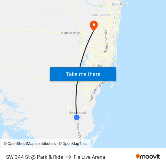 SW 344 St @ Park & Ride to Fla Live Arena map