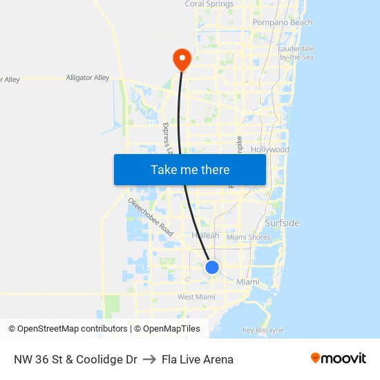 NW 36 St & Coolidge Dr to Fla Live Arena map