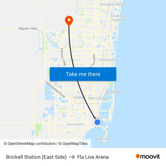 Brickell Station (East Side) to Fla Live Arena map