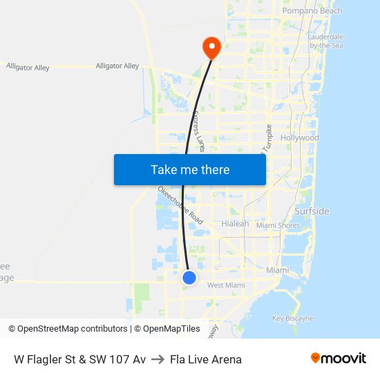 W Flagler St & SW 107 Av to Fla Live Arena map